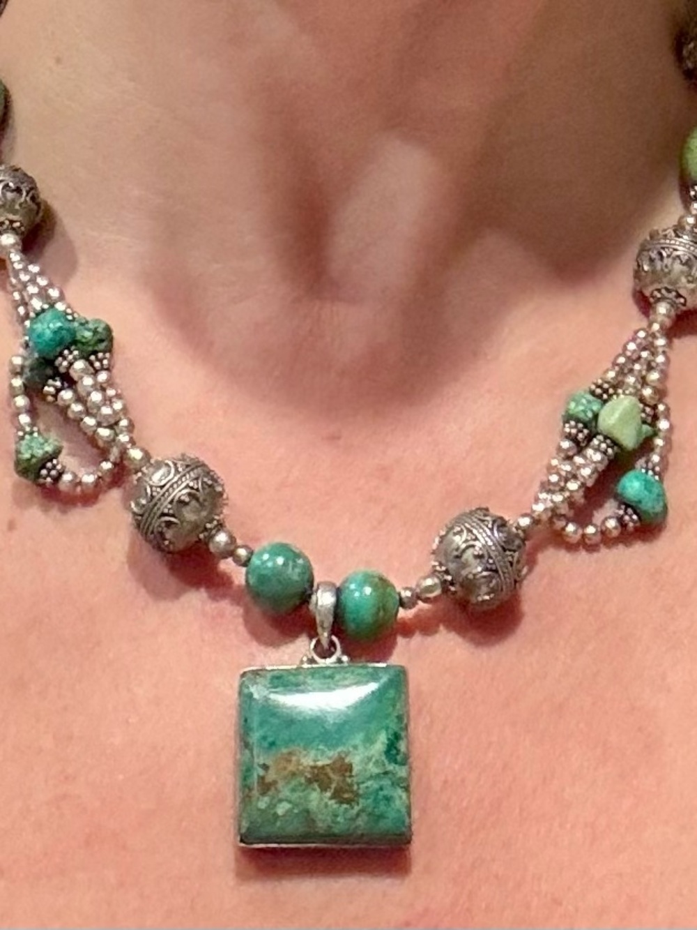 Vintage Tibetan Silver Turquoise and Green Malachite Necklace